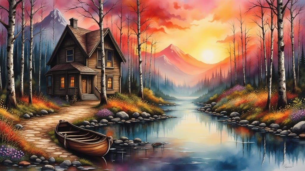 Decaying Cottage at Sunset in Watercolor Style