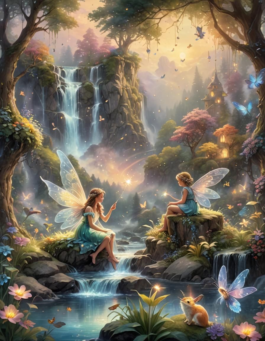 Enchanted Fairy Forest Landscape in Watercolor Style