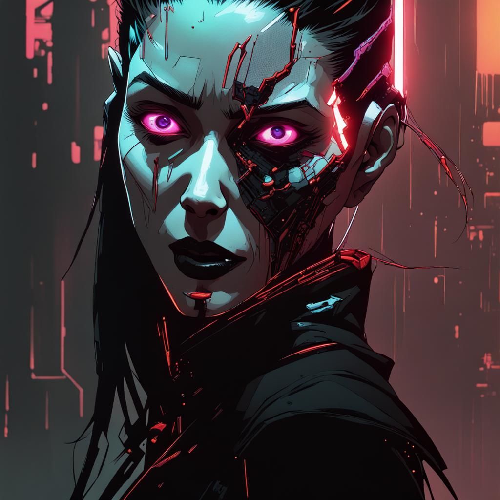 Vampire Hacker in Cyberpunk Dystopia with Bone Armor