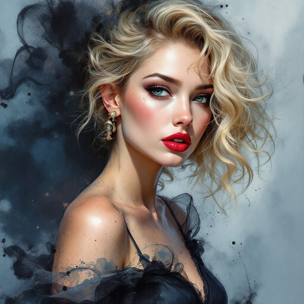 1950s Pin-Up in Whiskey-Splatter Watercolor Style