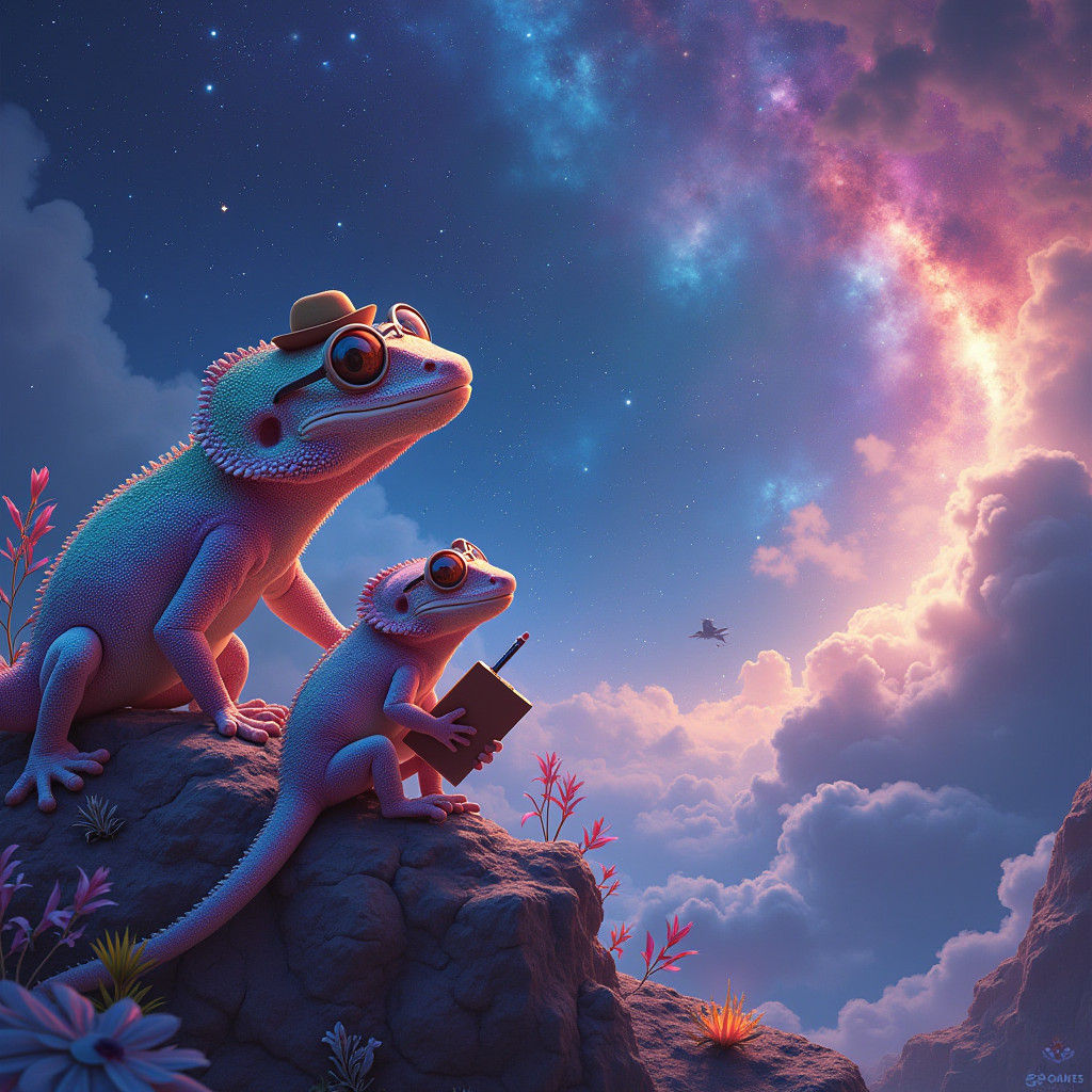 Geckos Gaze at Galaxy in Dreamlike Sci-Fi Art