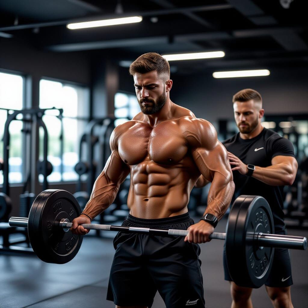 Muscular Man Lifts Weights With Trainer, Hyperrealistic Gym ...