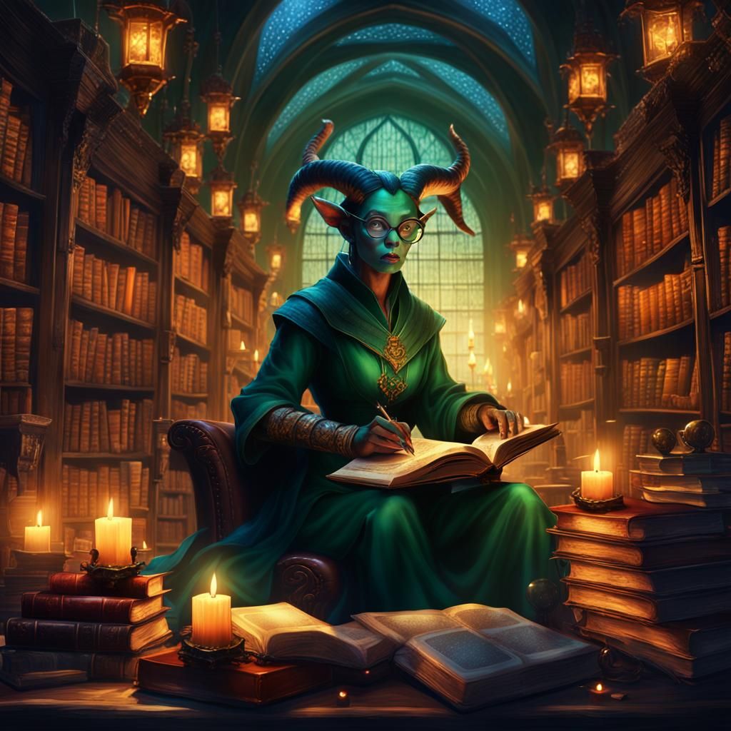Tiefling Librarian in Mystical Library: Fantasy Concept Art