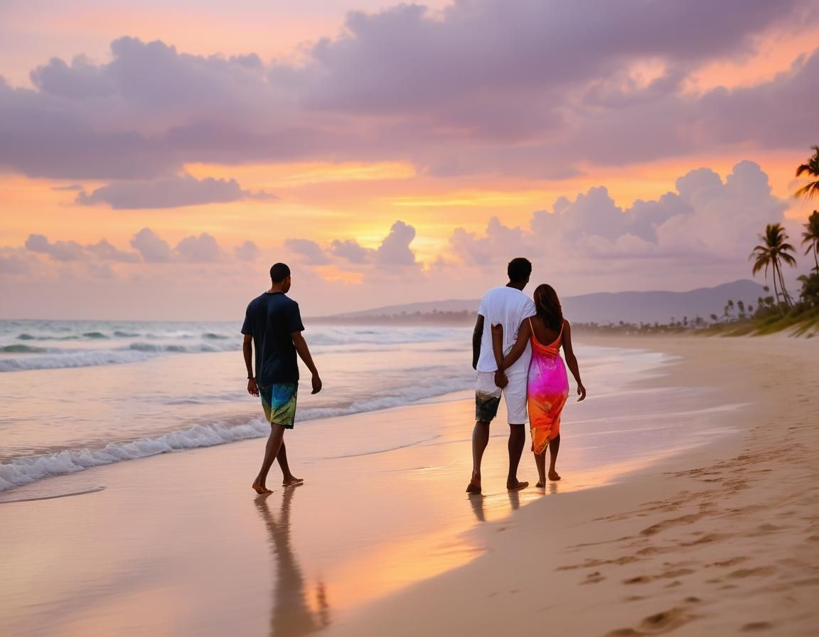 Romantic Beach Sunset with Couple in Golden Hour