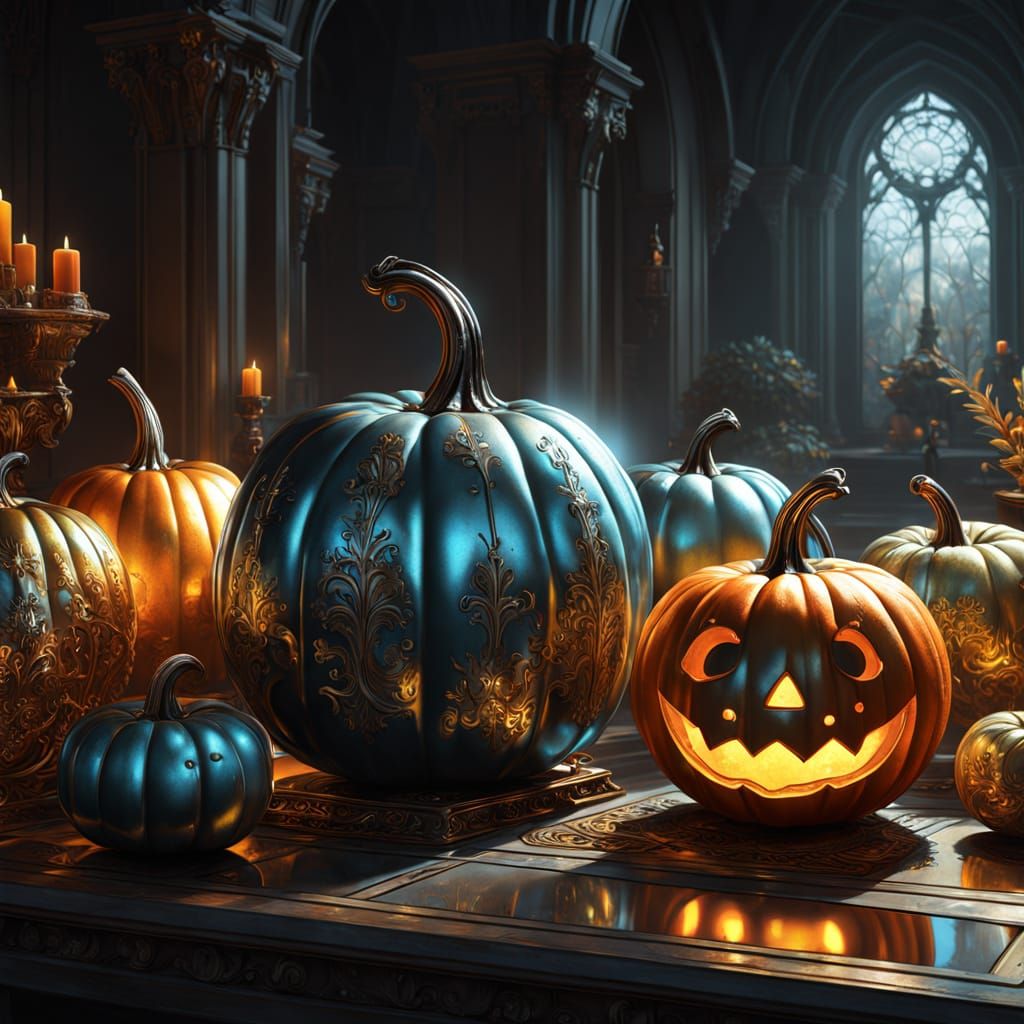 Futuristic Still Life with Glowing Fruits and Metallic Pumpk...