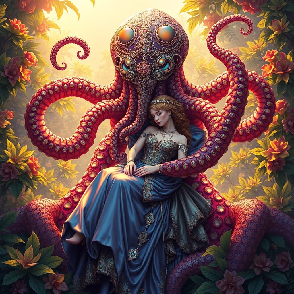 Iridescent Cthulhu Cradling Princess in Pre-Raphaelite Style