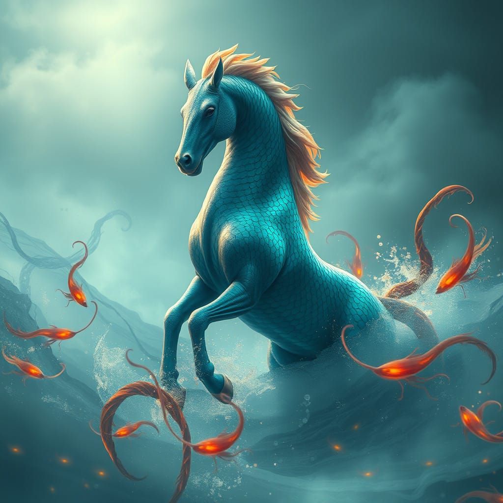 Mystical Water Horse Rises from Ocean Depths in Vibrant Fant...