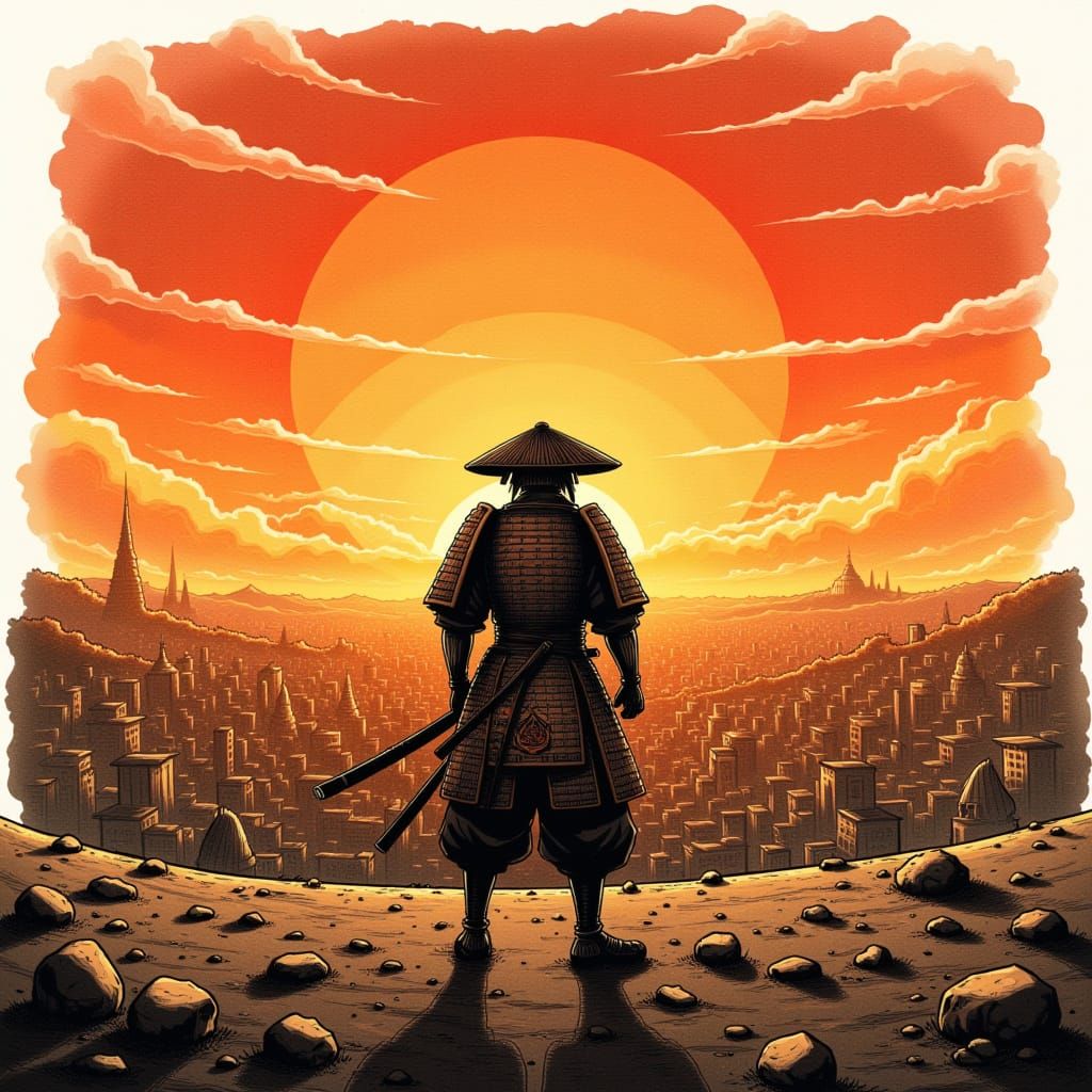 Samurai Sunset: Modern Watercolor Ink Painting