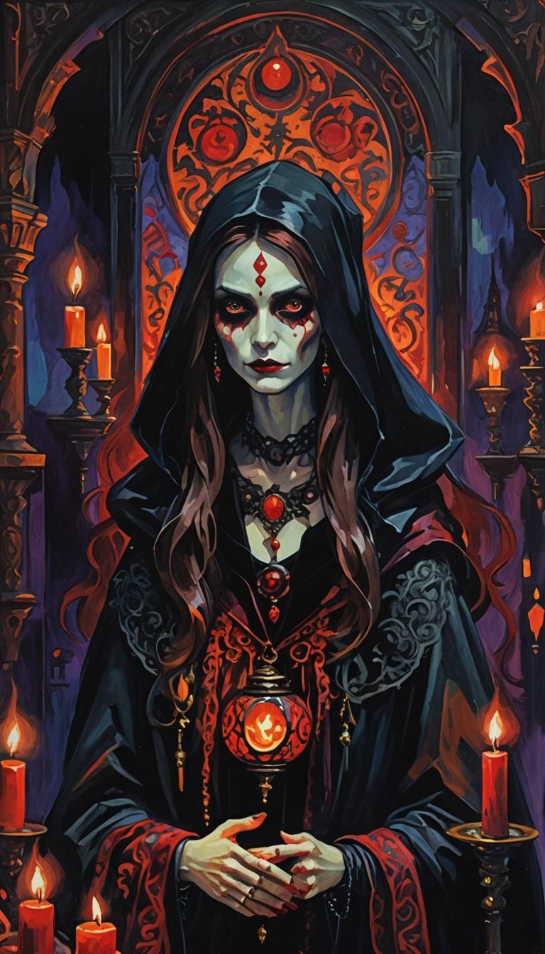 Undead Sorceress in Dark Chamber as Fauvist Painting