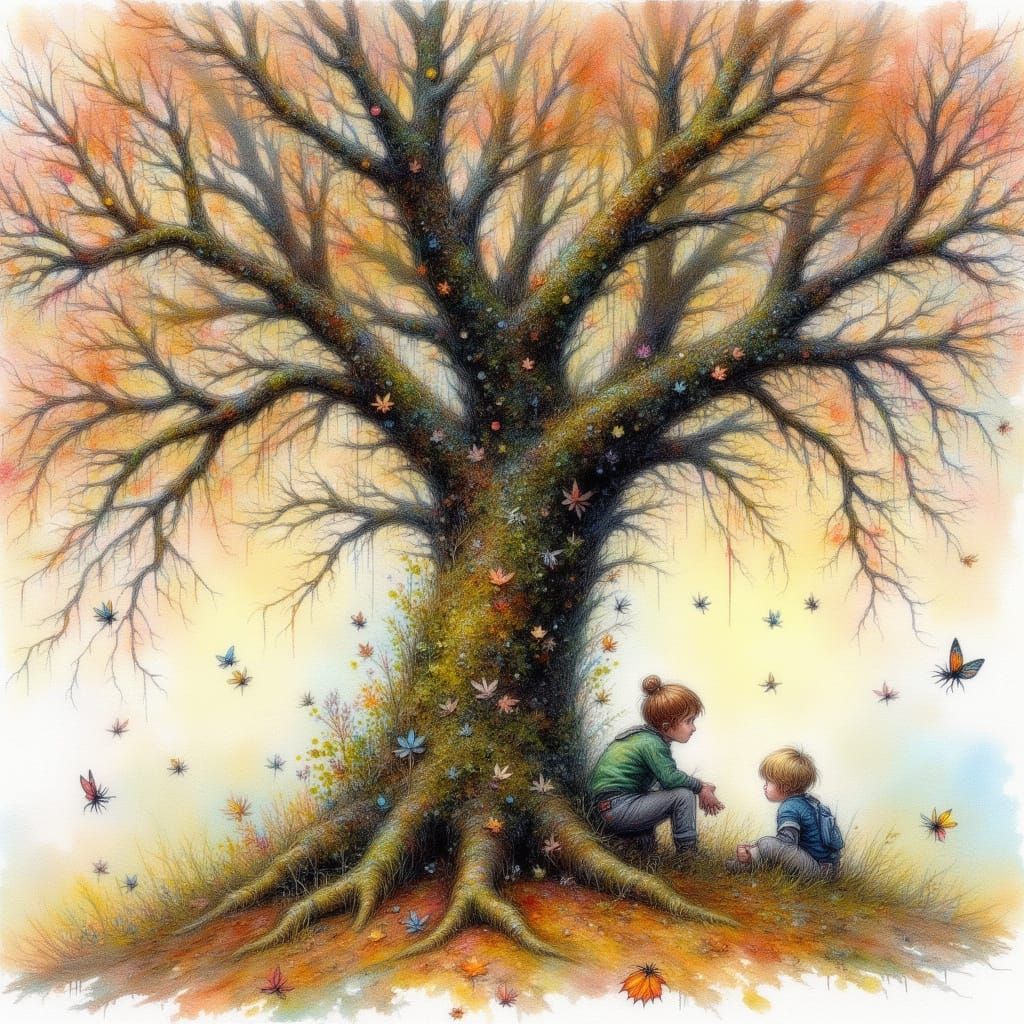 Ancient Oak Tree with Fireflies in Golden Light