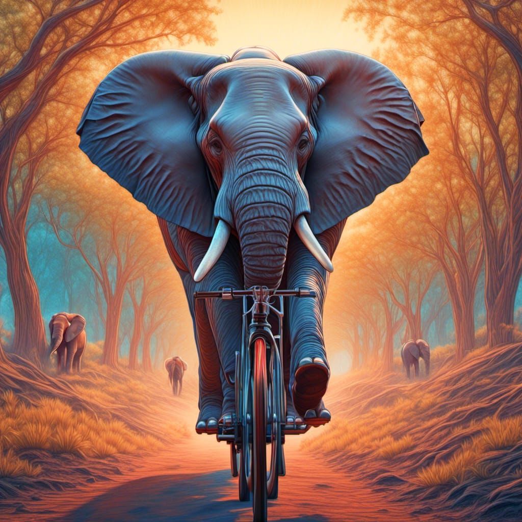 Elephant on Bicycle in Vaporwave Color Pencil Art