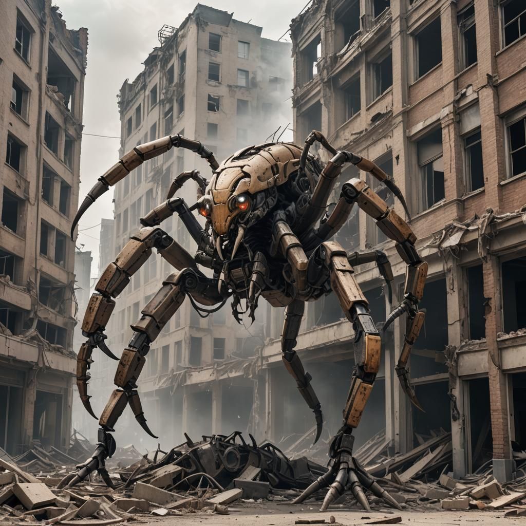Robotic Scorpion Ascends Ruined Cityscape