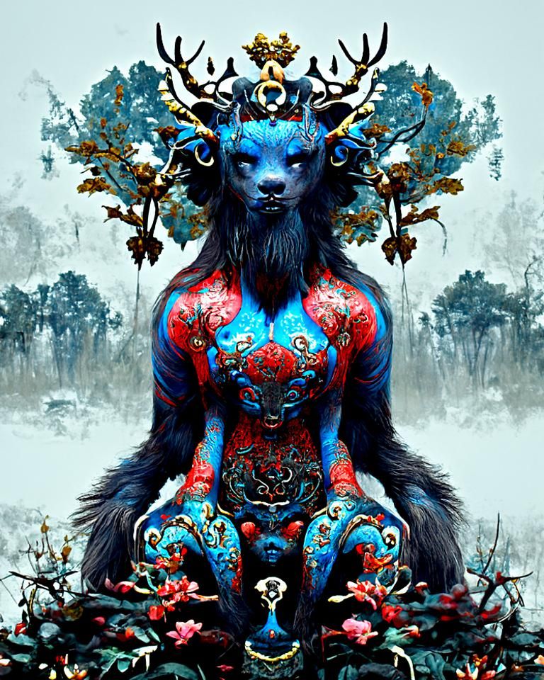Mystical Blue Beast with Antlers and Roses