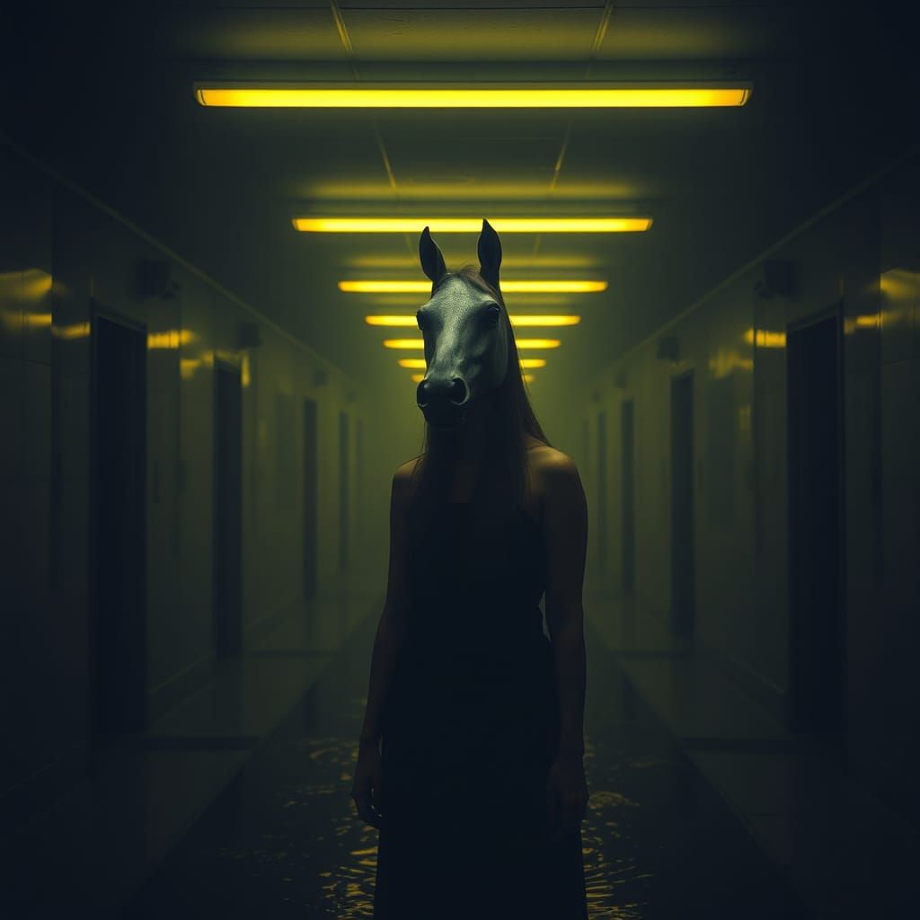 Eerie Liminal Space with Horse Mask Figure