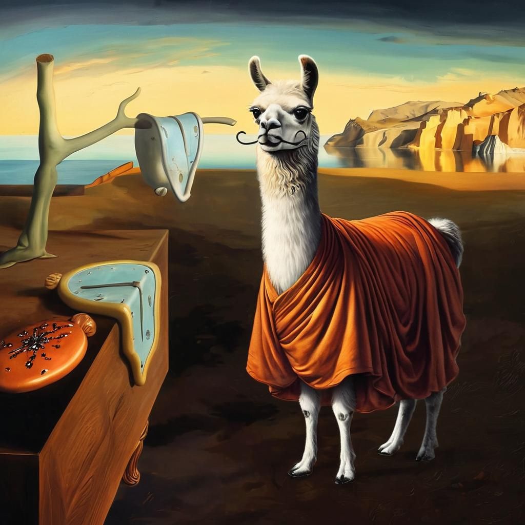 Surreal Llama with Dali Face in Melting Clock Landscape