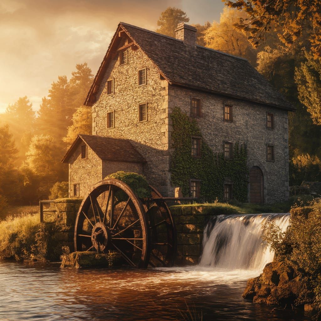 Ancient Stone Mill House at Sunset