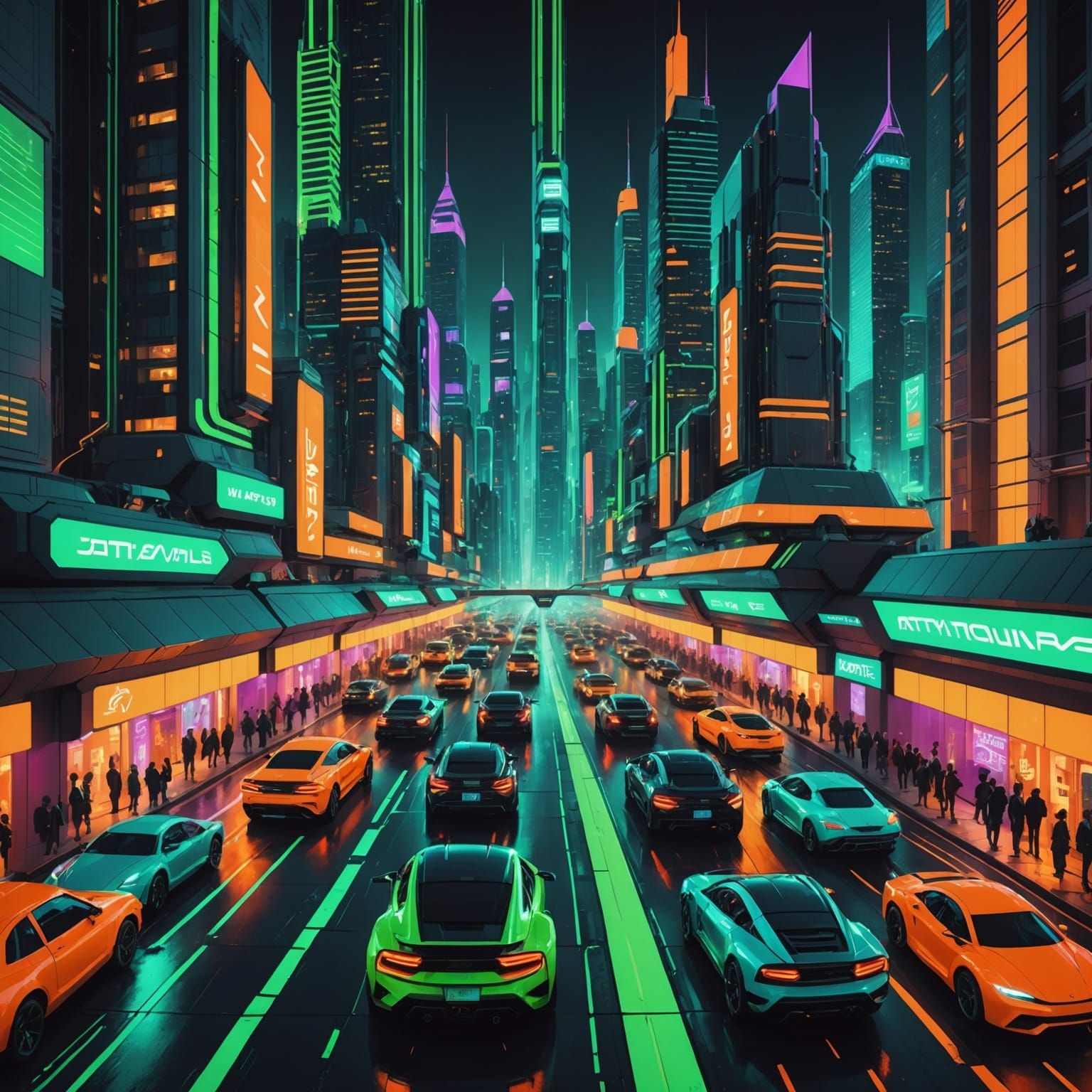 Futuristic Cityscape with Flying Cars in Neon Light