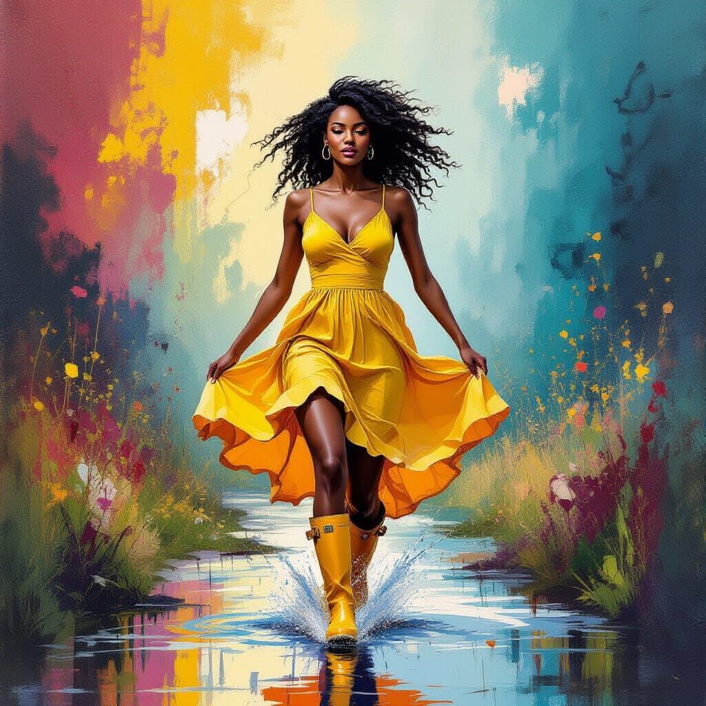 Woman Running in Rain with Abstract Colors