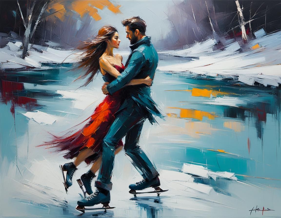 Abstract Expressionist Painting of Couple Ice Skating