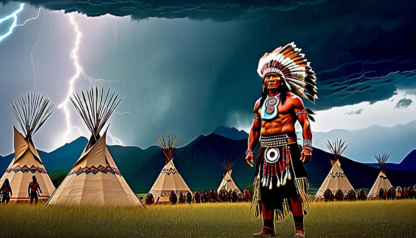 Native American Chief in Stormy Mountain Landscape