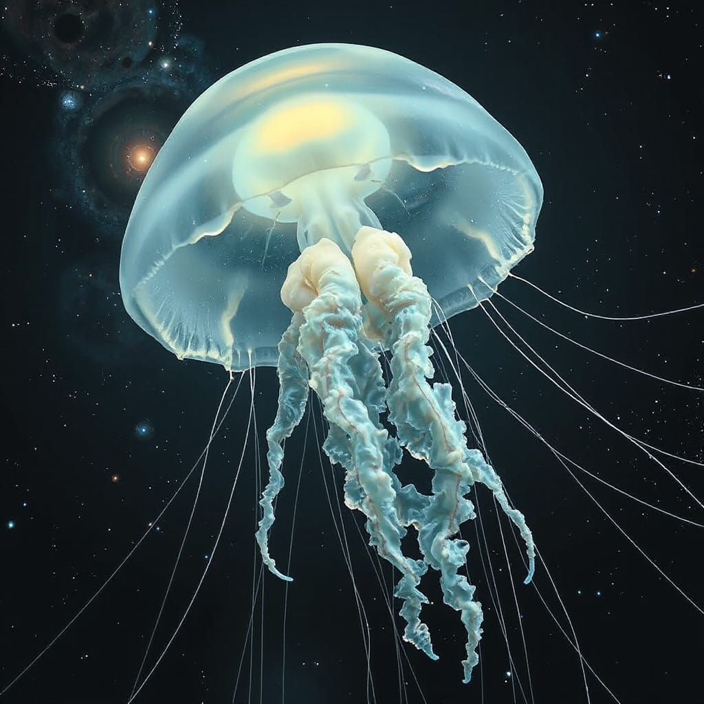 Bioluminescent Jellyfish Drifting Through Deep Space