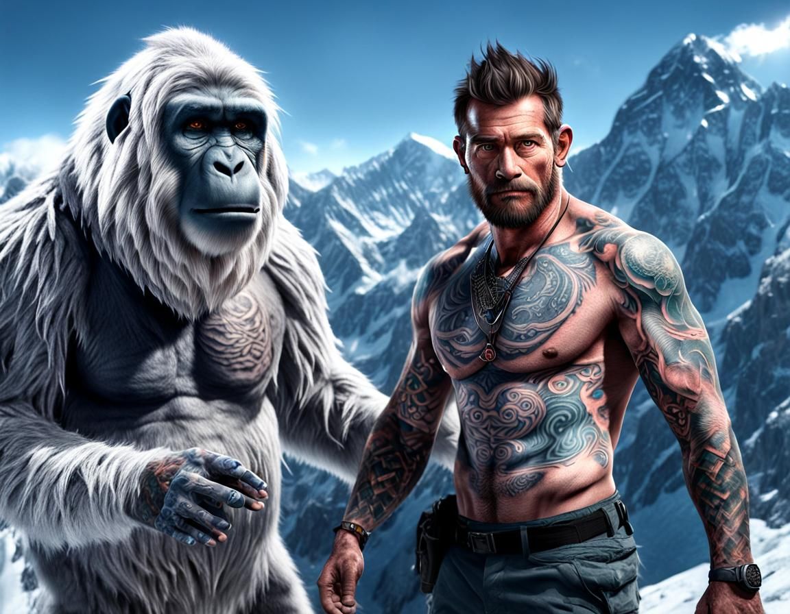 Yeti Appraises Tattoos on Everest: Hyperrealistic Art