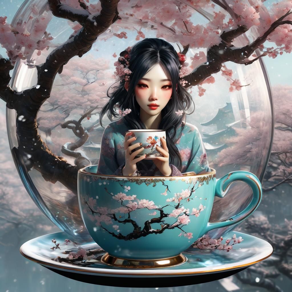 Girl in Teacup Under Cherry Blossom Tree
