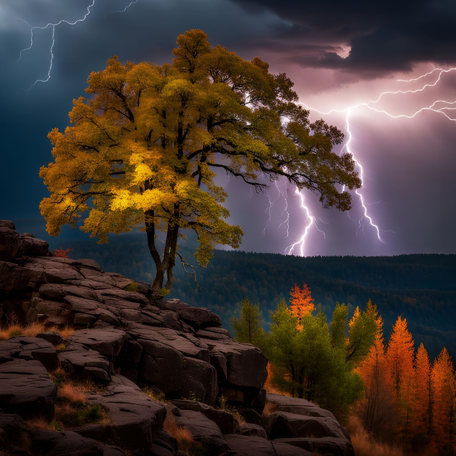 Autumn Trees Meet Lightning Storm on Cliff