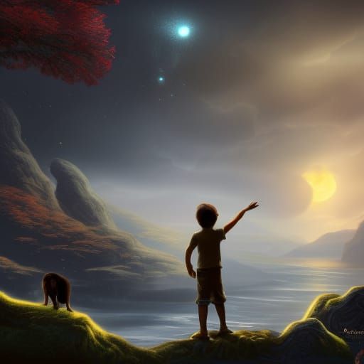 Boy and dog silhouette, Land, river waterfall sea, sky, galaxy,
