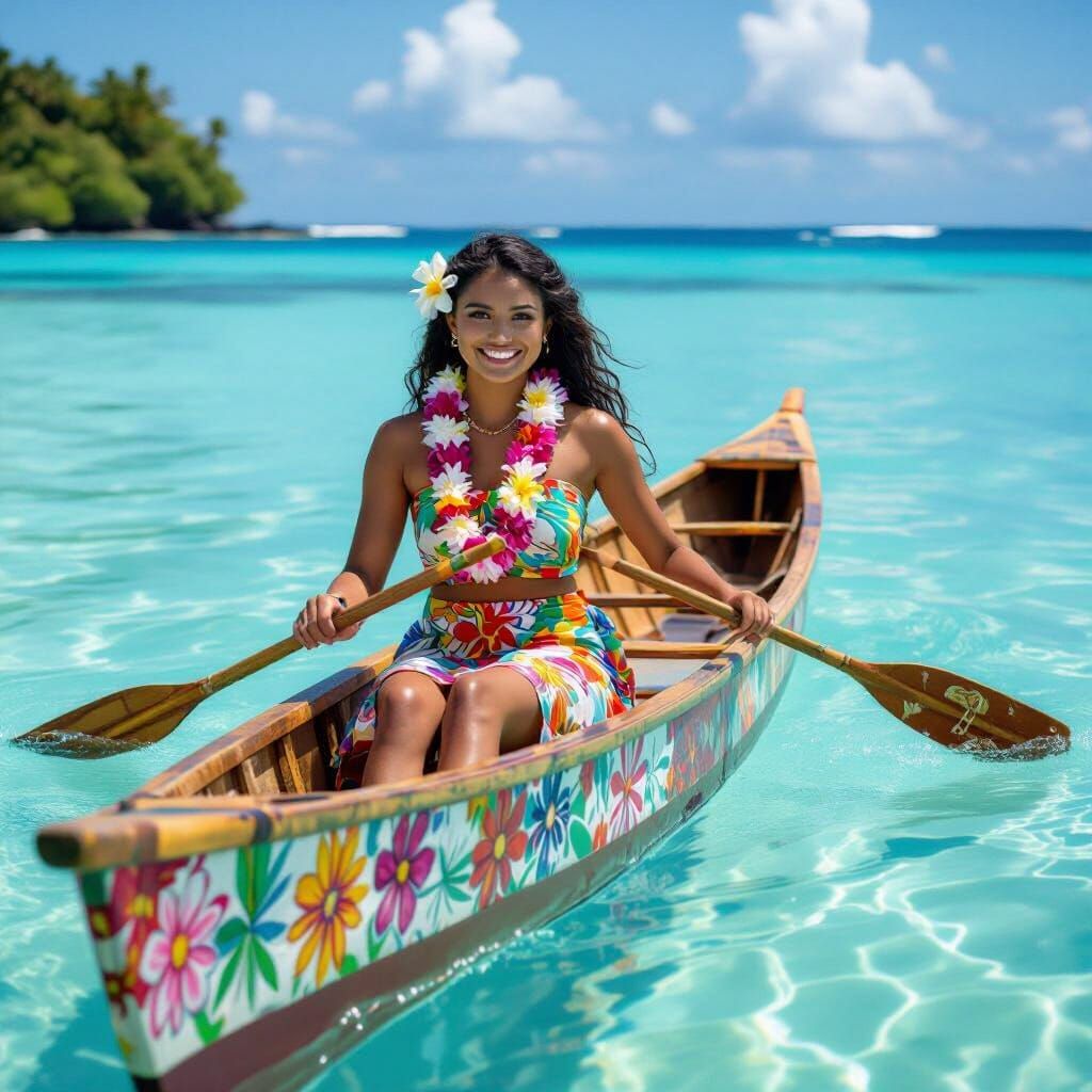 Fijian Woman Paddling Canoe in Pop Art Style