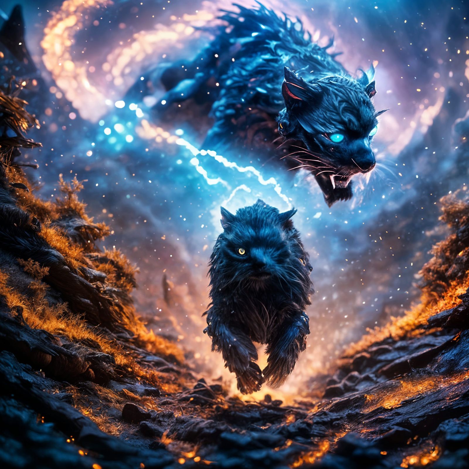 Winged Black Cat with Blue Eyes