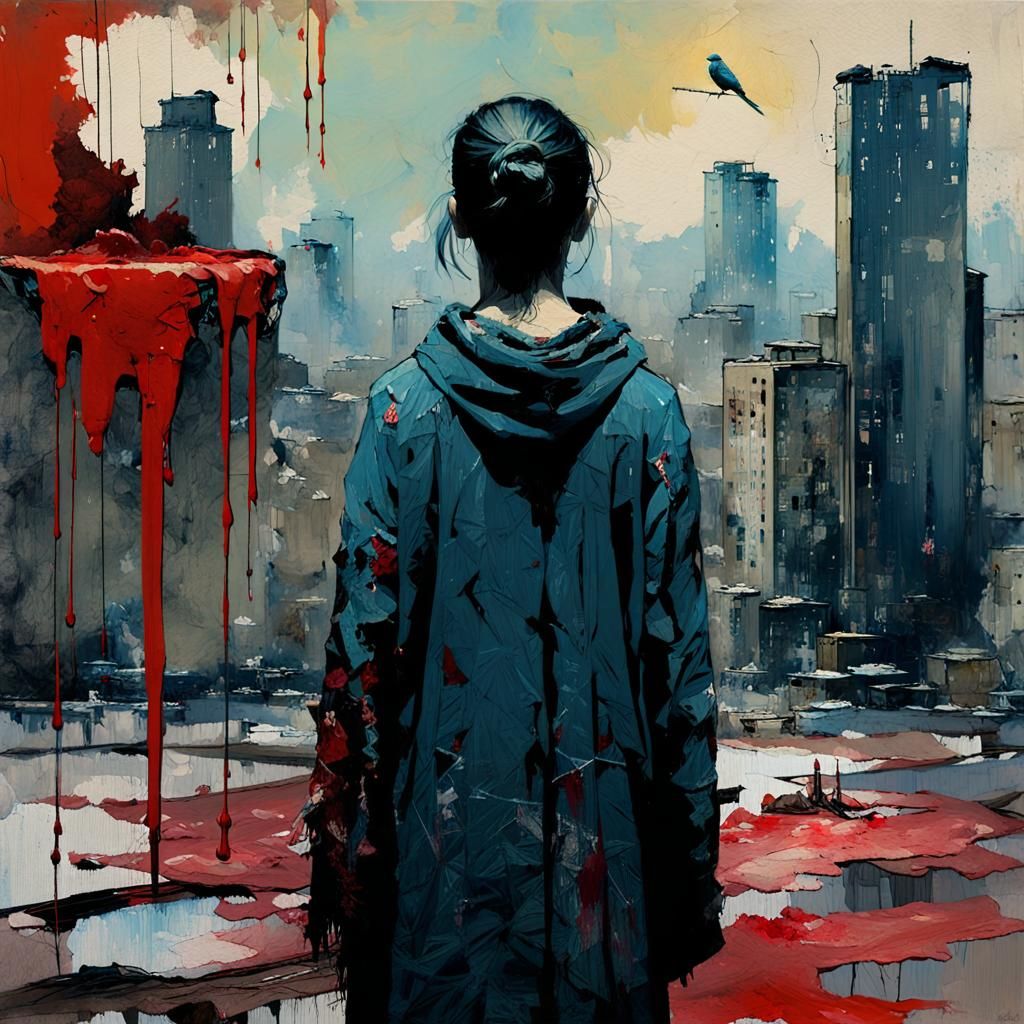 Woman in Mixed Media Collage with Blood