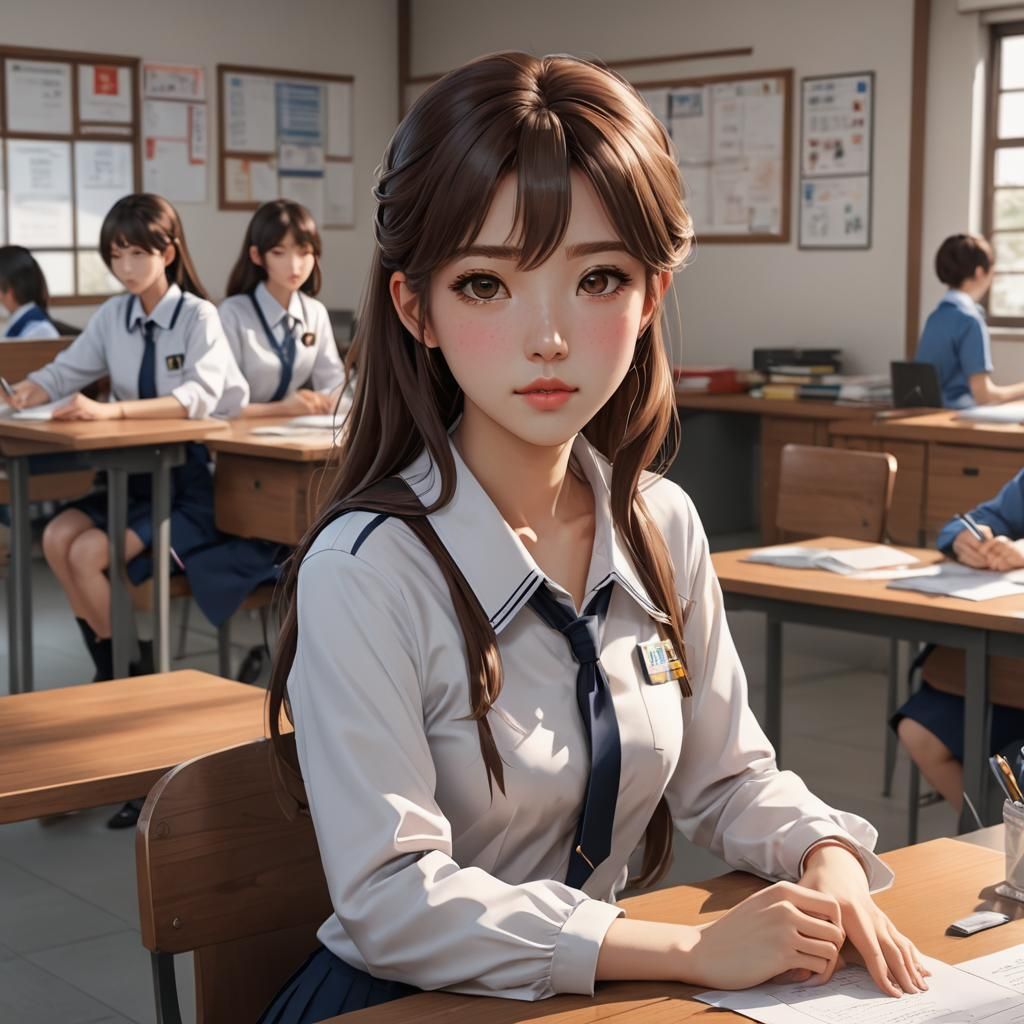 Korean Girl in Student Uniform, 3D Anime Art