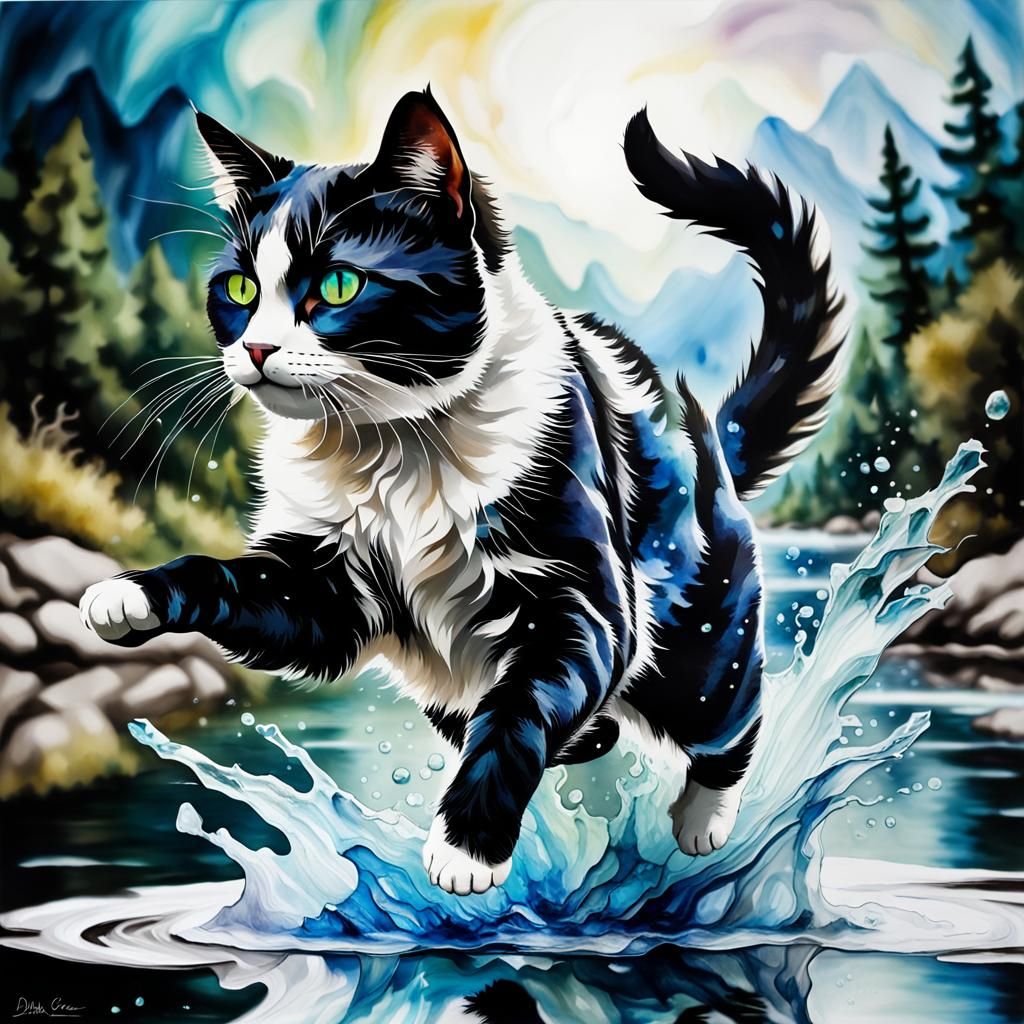 Cat Leaping River in Alcohol Ink Style