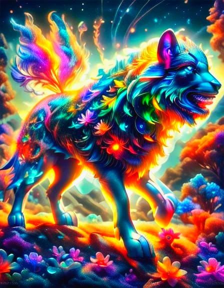 Colorful Wolf in Vibrant Glass Glow