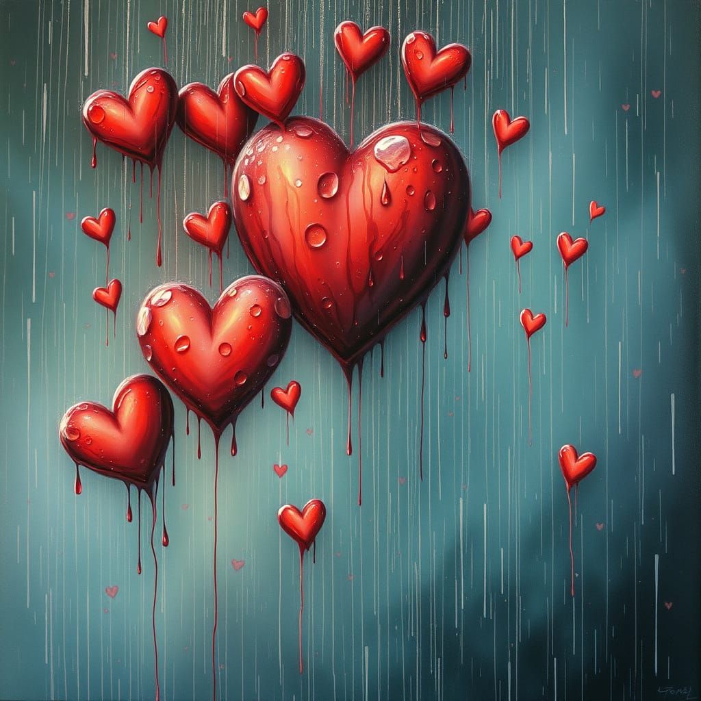 ""it's raining hearts" (sinking wet hearts symbols) ; Disc c...