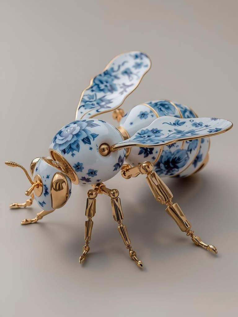 Surreal Bumblebee Sculpture in Porcelain and Gold