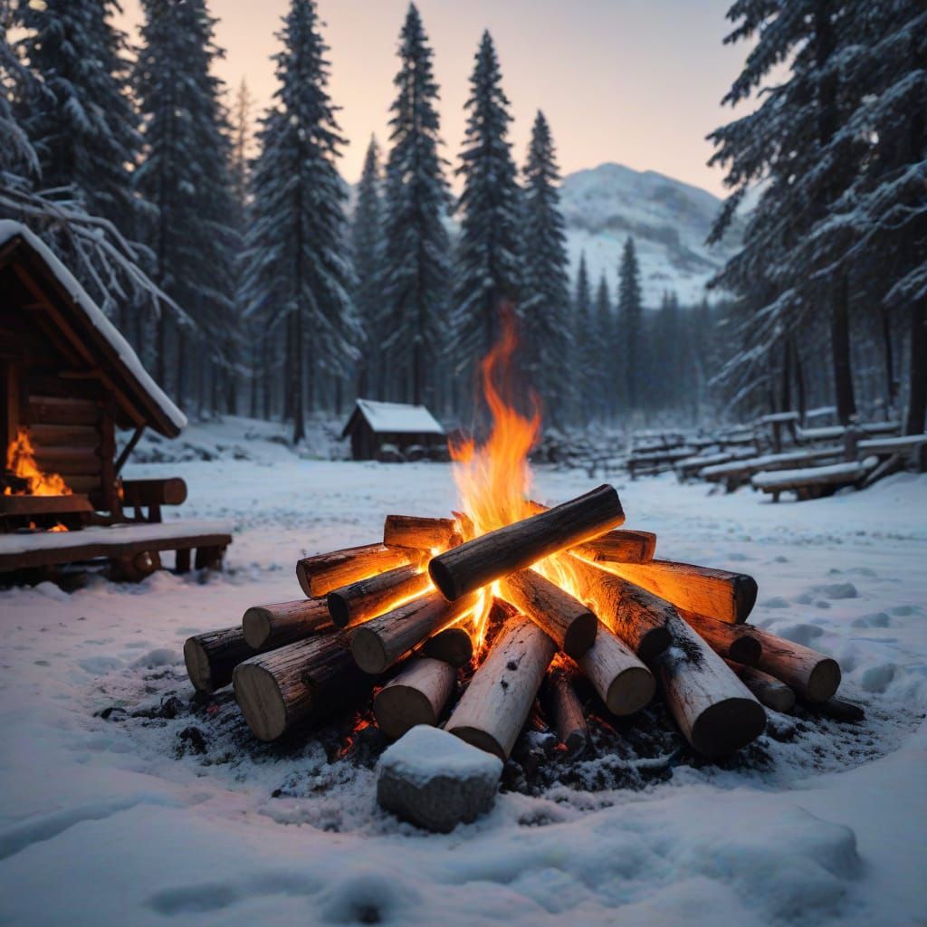 Winter Campfire Scene in Hyperrealistic Style