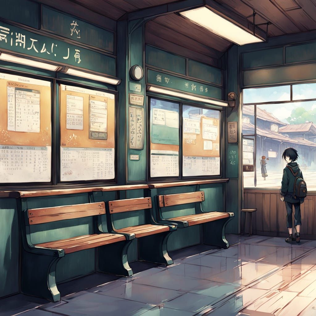 Anime Bus Terminal in Rustic Watercolor Style
