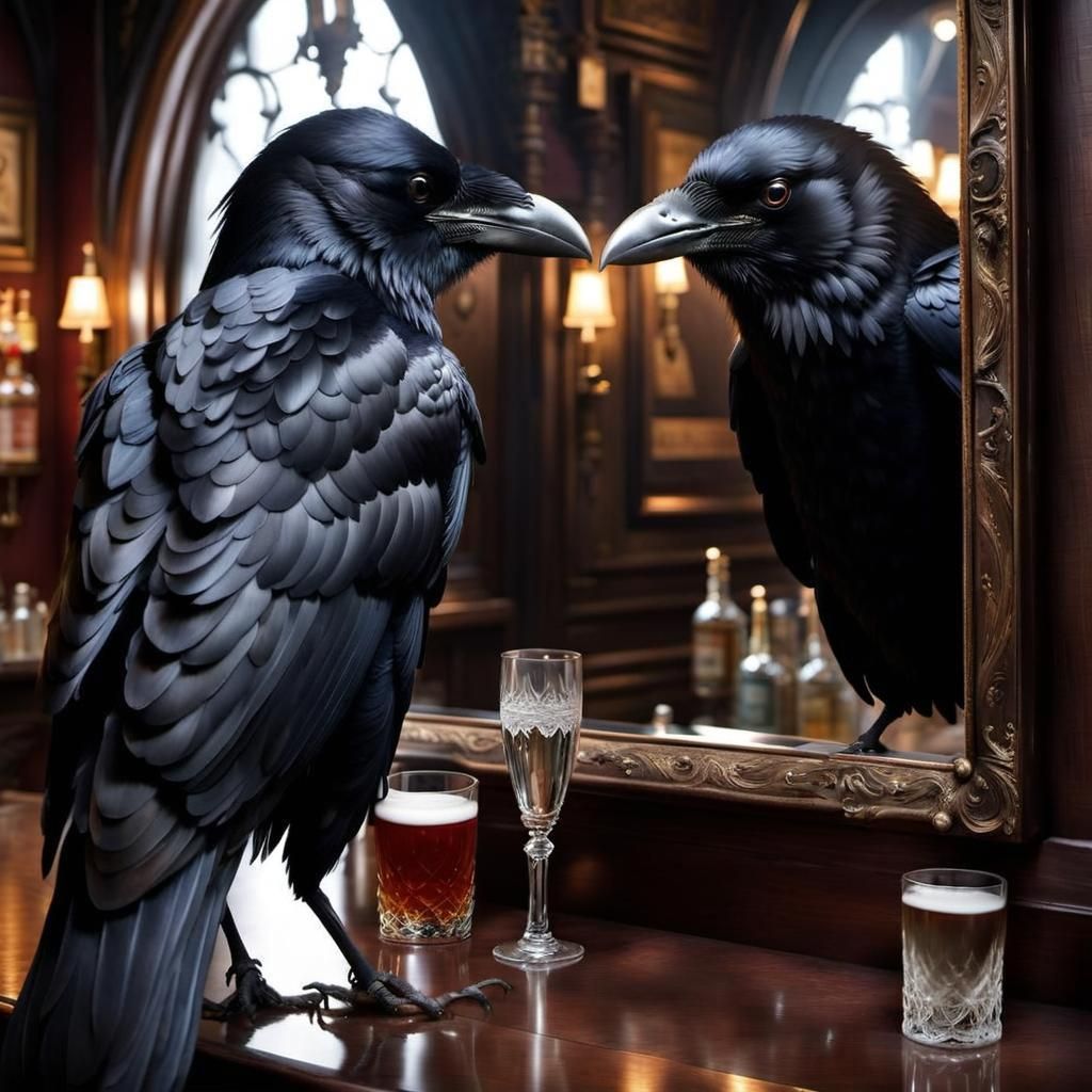 Crow Bartender in Gothic Tavern with Mirror Reflections