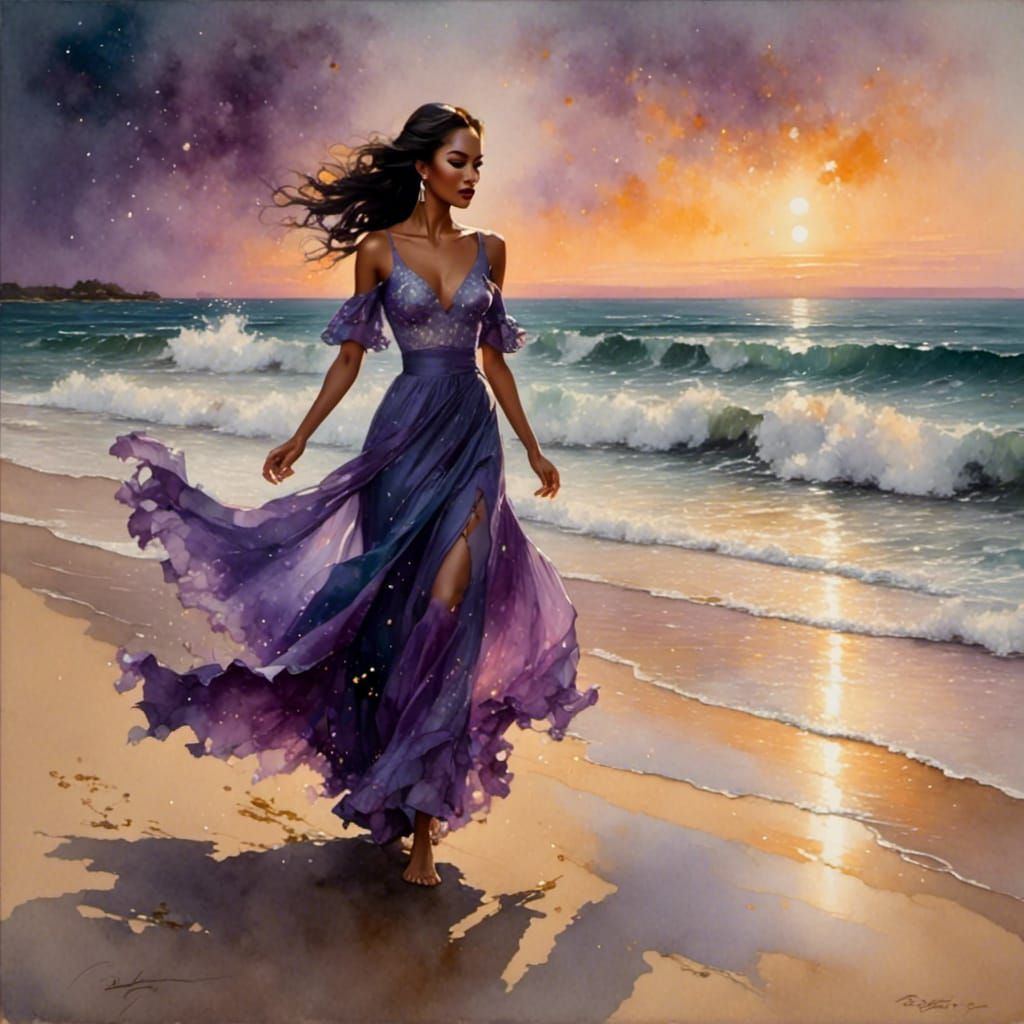 Woman Walking on Beach: Moody Watercolor Art