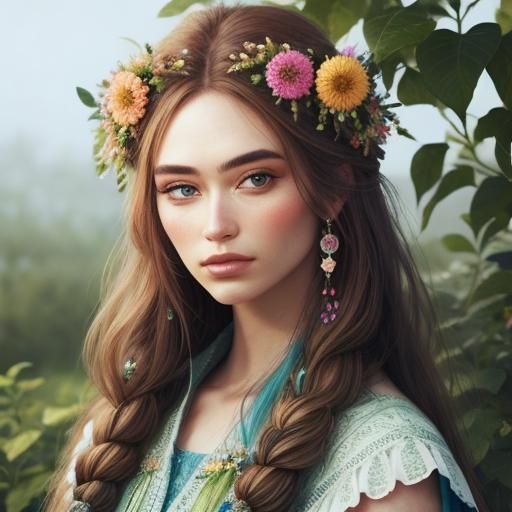 Hyperrealistic Hippie Girl with Floral Hair