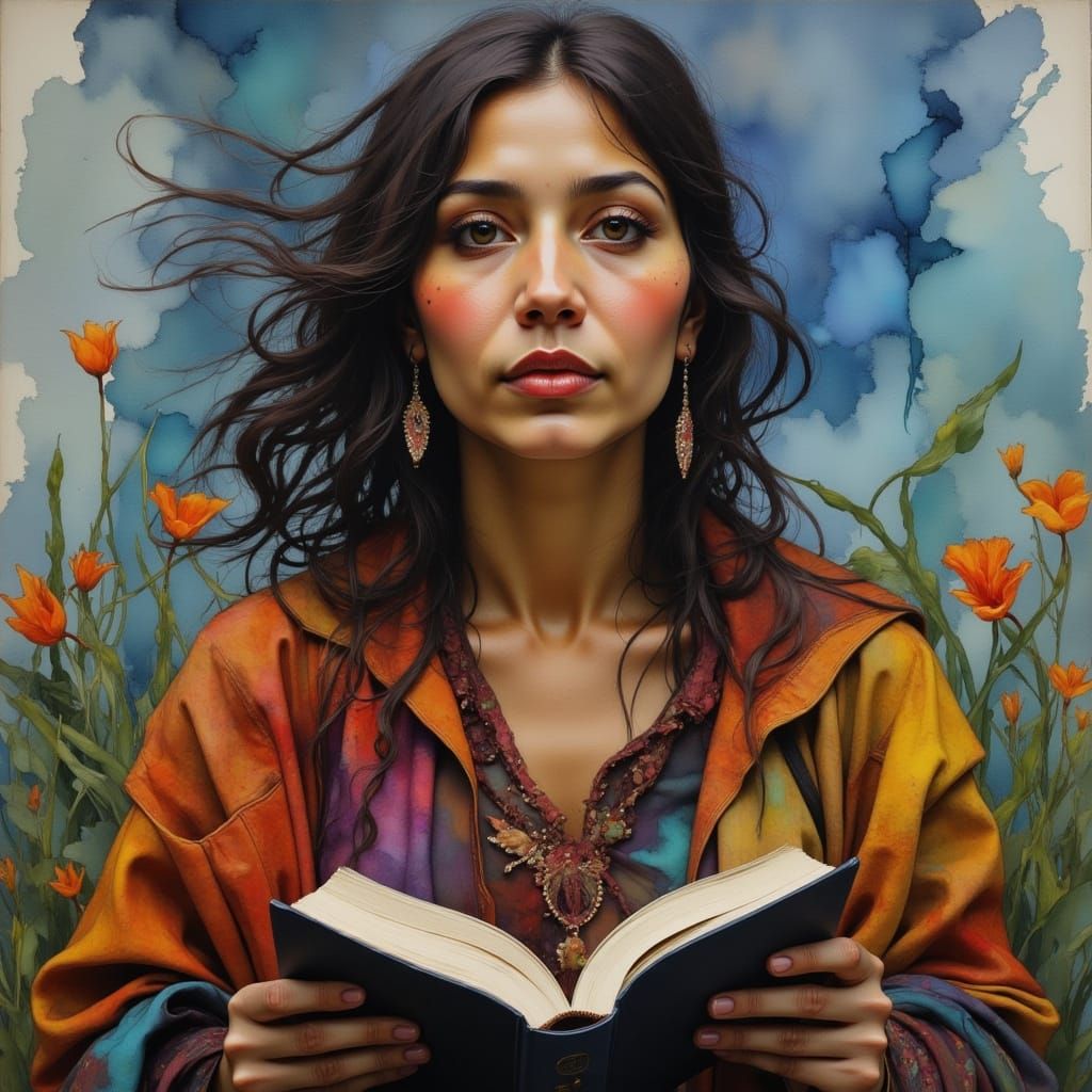 Contemporary Peruvian Woman Embracing Wisdom and Nature