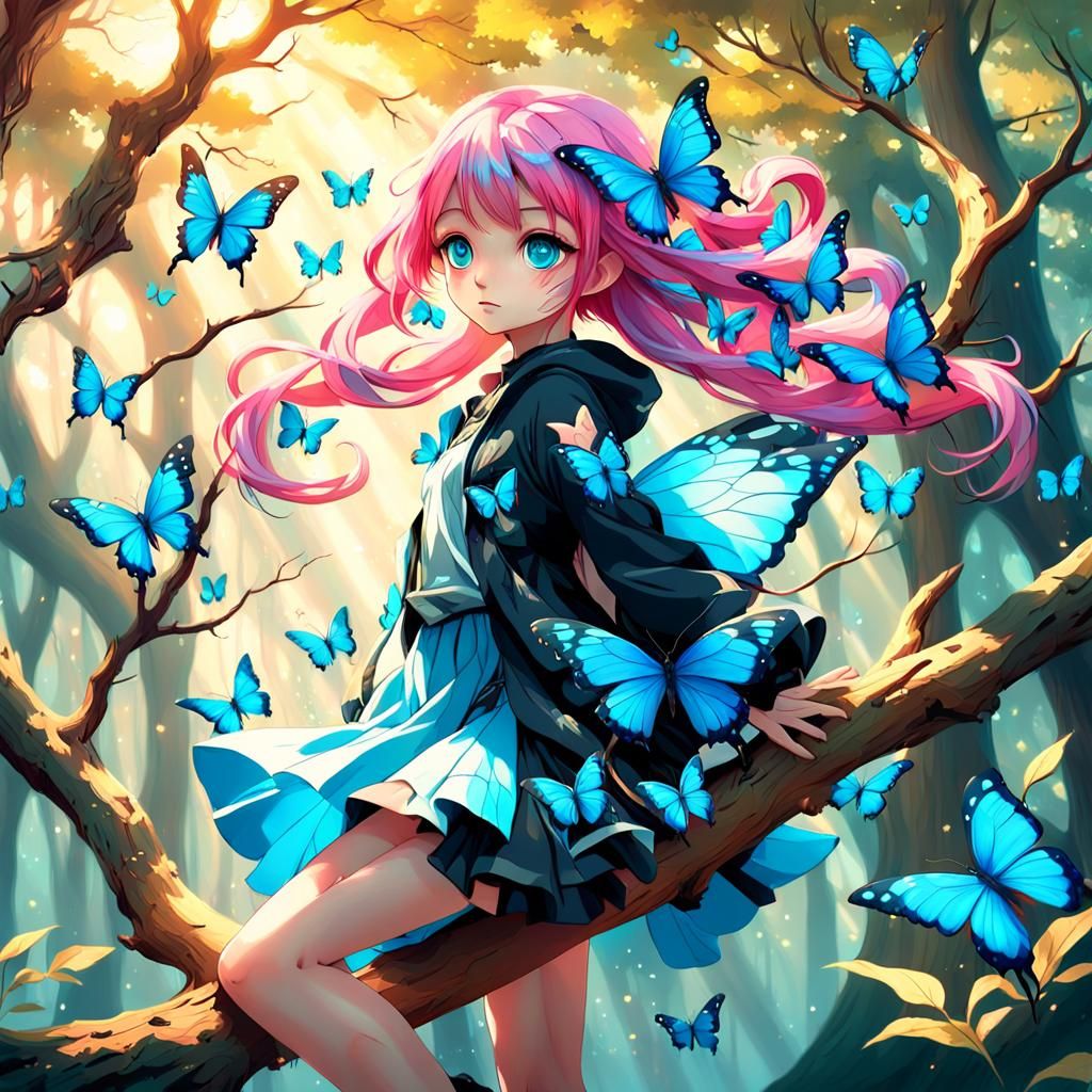 Anime Butterfly Girl in a Fantasy Forest