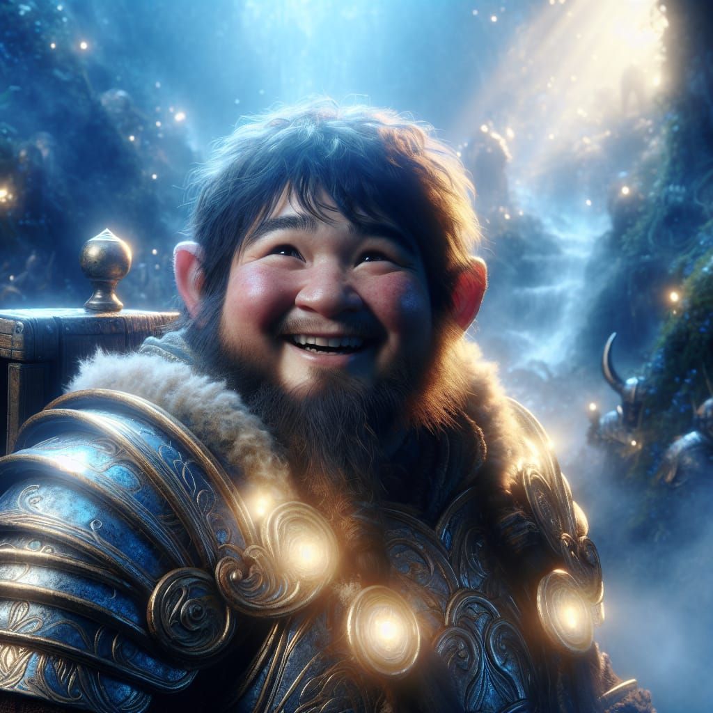 Smiling Young Dwarf in Ethereal Fantasy Landscape