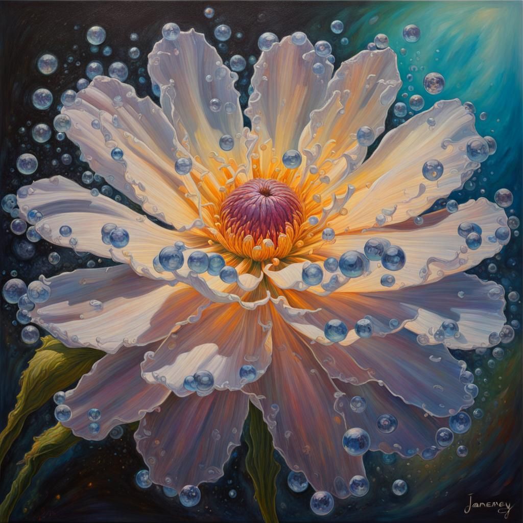 Luminous Flower with Magic Crystals: Oil Painting