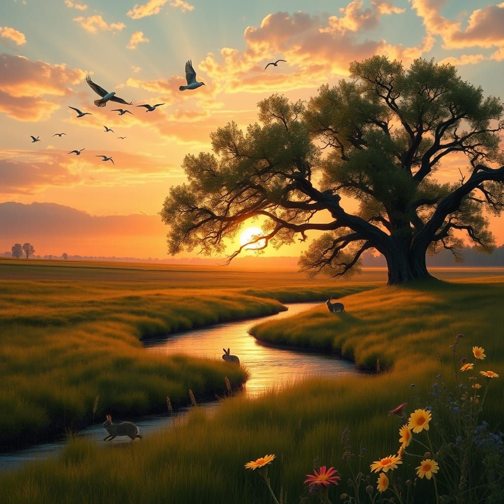 Idyllic Sunset Meadow Scene