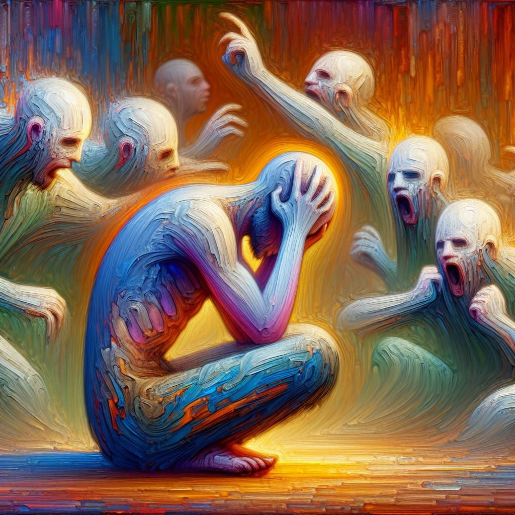 Distressed Figure Surrounded by Ghostly Entities as Impasto ...