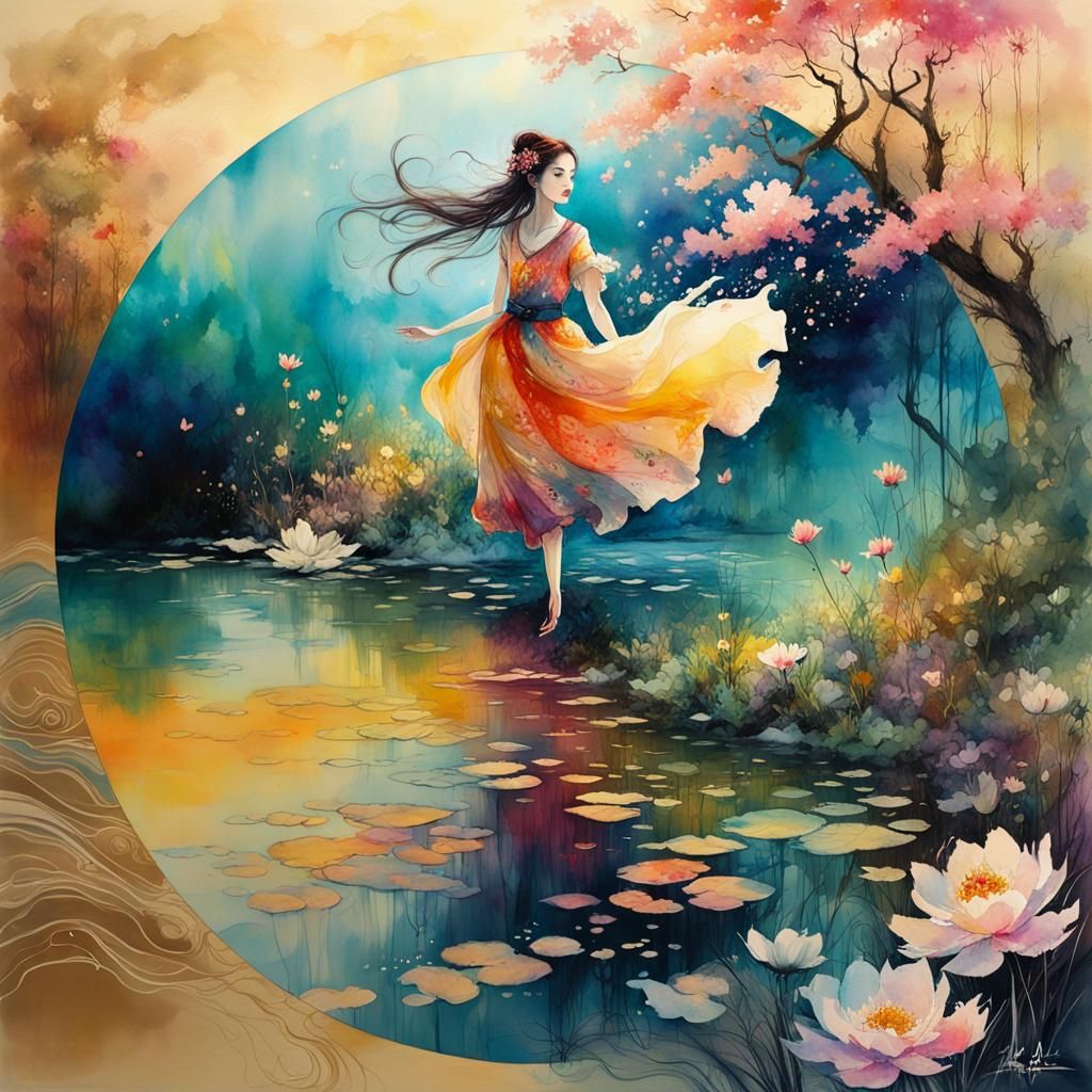 Dreamy Lake Glade in Watercolor Style