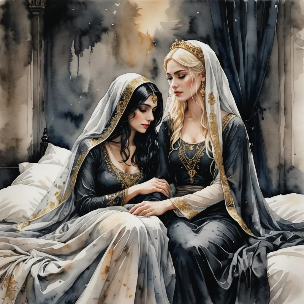 Heartbroken Arabian Princesses Mourn in Dark Watercolor